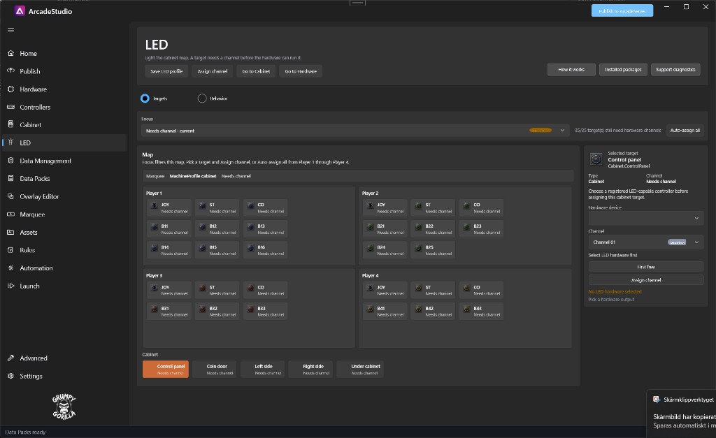 ArcadeStudio LED workspace assigning hardware channels to cabinet controls and zones
