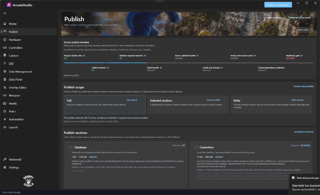 ArcadeStudio Publish workspace showing bundle preparation, validation, installation, verification, and readiness stages
